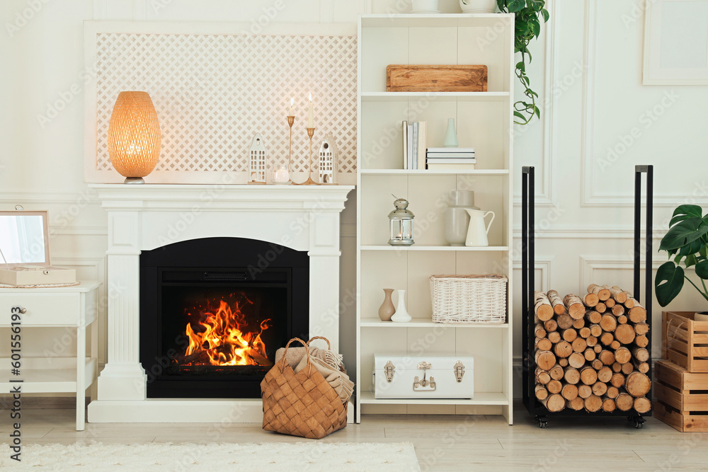Stylish living room with beautiful fireplace and different decor. Interior design Stylish living room with beautiful fireplace and different decor. Interior design
