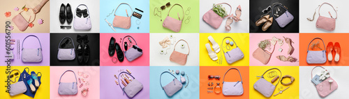Collage of stylish woman's handbags with accessories on color background, top view