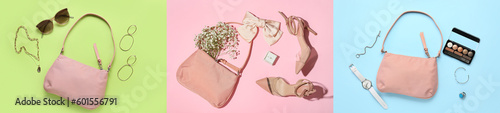 Collage of stylish woman's handbag with accessories on color background, top view