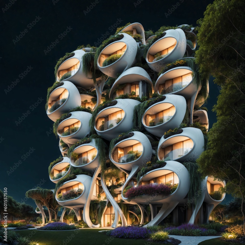 Landscape of a sci-fi futuristic architecture style vertical village residential building in nature, surrounded by lush deciduous vegetation, at night - Generative AI Illustration