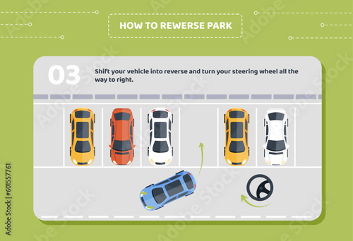 How to parking stage 3. Shift your vehicle into reverse and turn your steering wheel all way to right. Educational materials for drivers, training. Cartoon flat vector illustration
