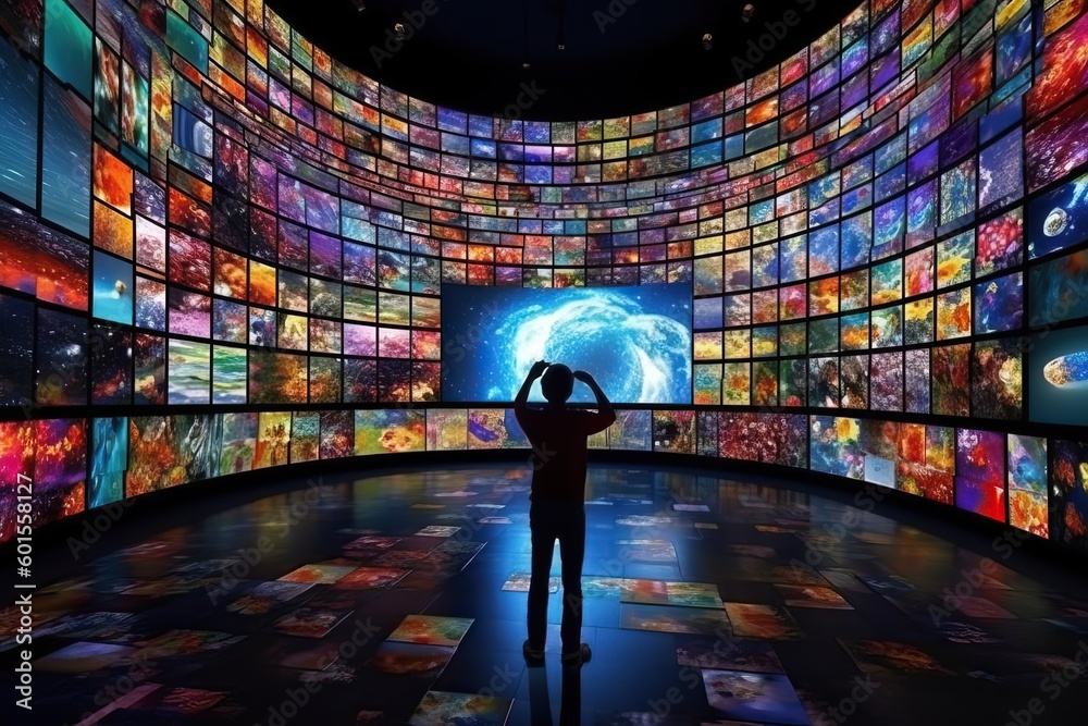 a person watching a video wall with multimedia images on different television screens, generative ai - obrazy, fototapety, plakaty 