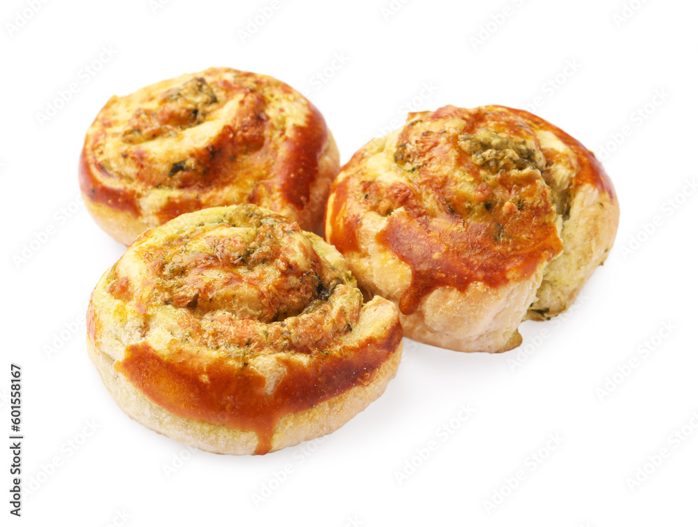 Fresh delicious puff pastry with tasty filling on white background Fresh delicious puff pastry with tasty filling on white background