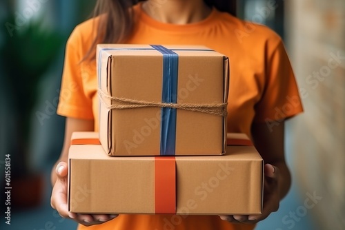Delivery woman carrying a p...
