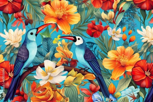 Exotic tropical aesthetic pattern with macaws and flowers in bright colors and lush vegetation, generative AI