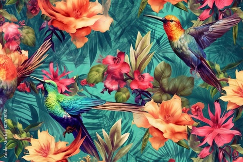 Exotic tropical aesthetic pattern with macaws and flowers in bright colors and lush vegetation, generative AI © FrankBoston