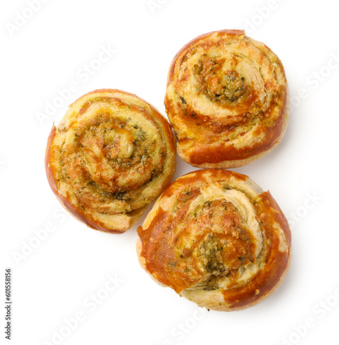 Fresh delicious puff pastry with tasty filling on white background, top view