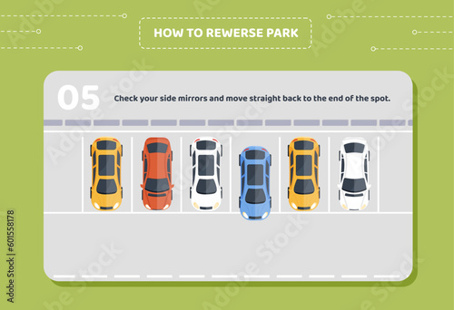 How to parking stage 5. Check your side mirrors and move straight back to end of stop. Educational materials for drivers. Learning and trainings. Cartoon flat vector illustration