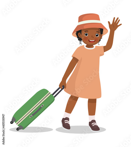 Cute little African girl with hat going on summer vacation traveling with suitcase waving hand