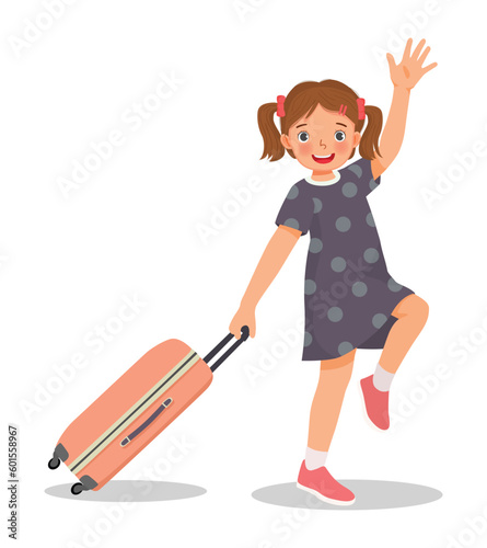 Cute little girl with suitcase feeling excited going traveling on summer vacation waving hand