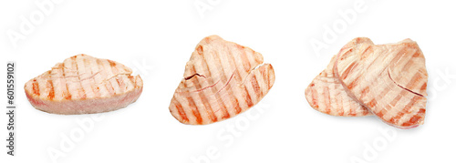 Collage with delicious grilled tuna steaks on white background