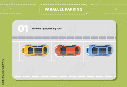 Parallel parking stage 1. Find right and free parking spot. Driver training materials and infographics. Top view of yellow, red and blue car. Cartoon flat vector illustration