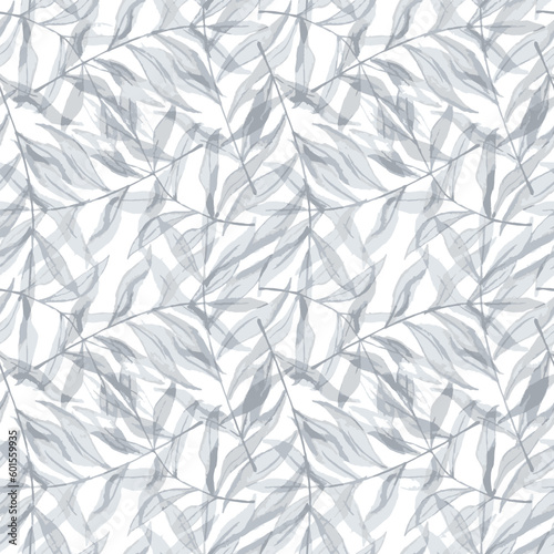 botanical leaf texture blue leaves illustration seamless pattern on slub textured white background
