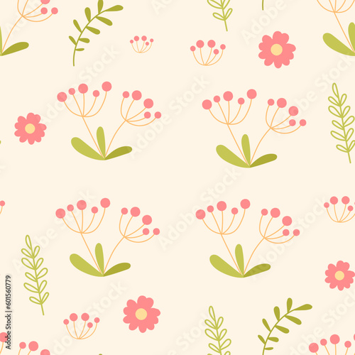 Seamless pattern with flowers. Repeating design element for printing on fabric. Blossom and blooming red plants. Cover, poster or banner for website. Cartoon flat vector illustration