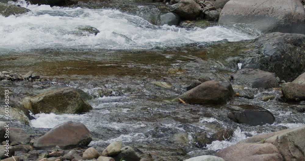 Close up detail of river water current flowing through river rocks in slow motion Close up detail of river water current flowing through river rocks in slow motion