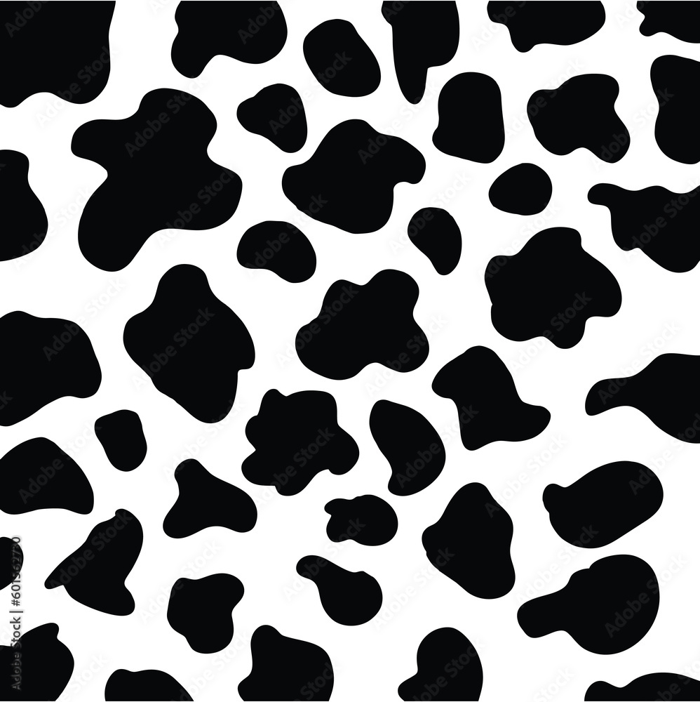 Seamless black and white cow pattern, doodle style. Cow texture pattern. Animal skin template. Spot background. Vector design illustration. Random bovine spots hand drawn design.  