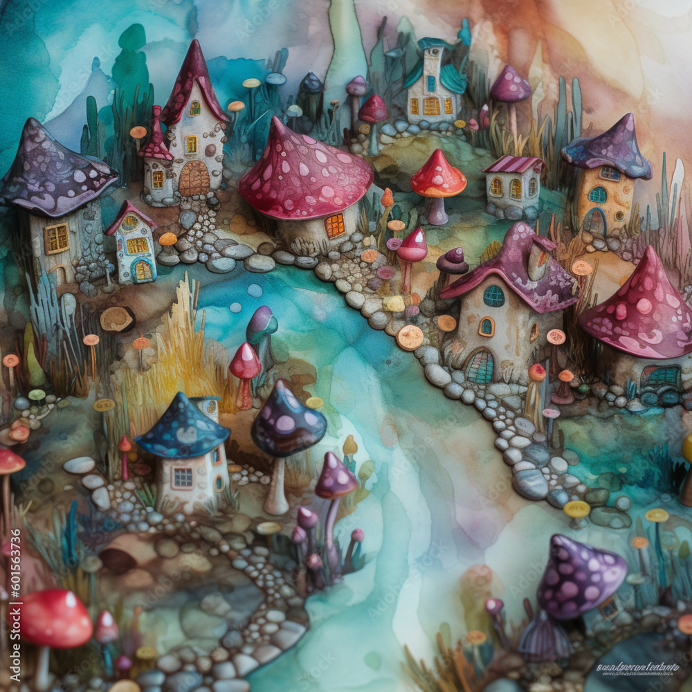 an alcohol ink whimsical fairy village pattern