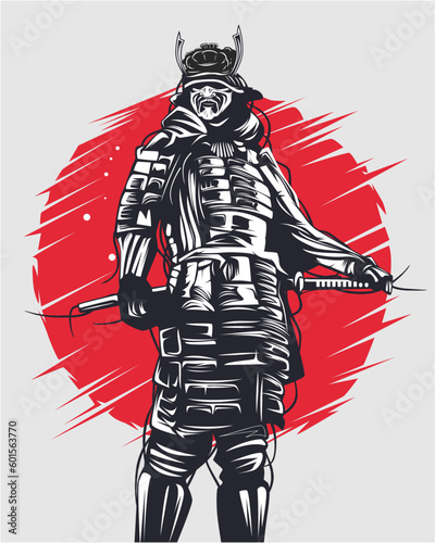 vector illustration of knight or samurais with sword and red circle