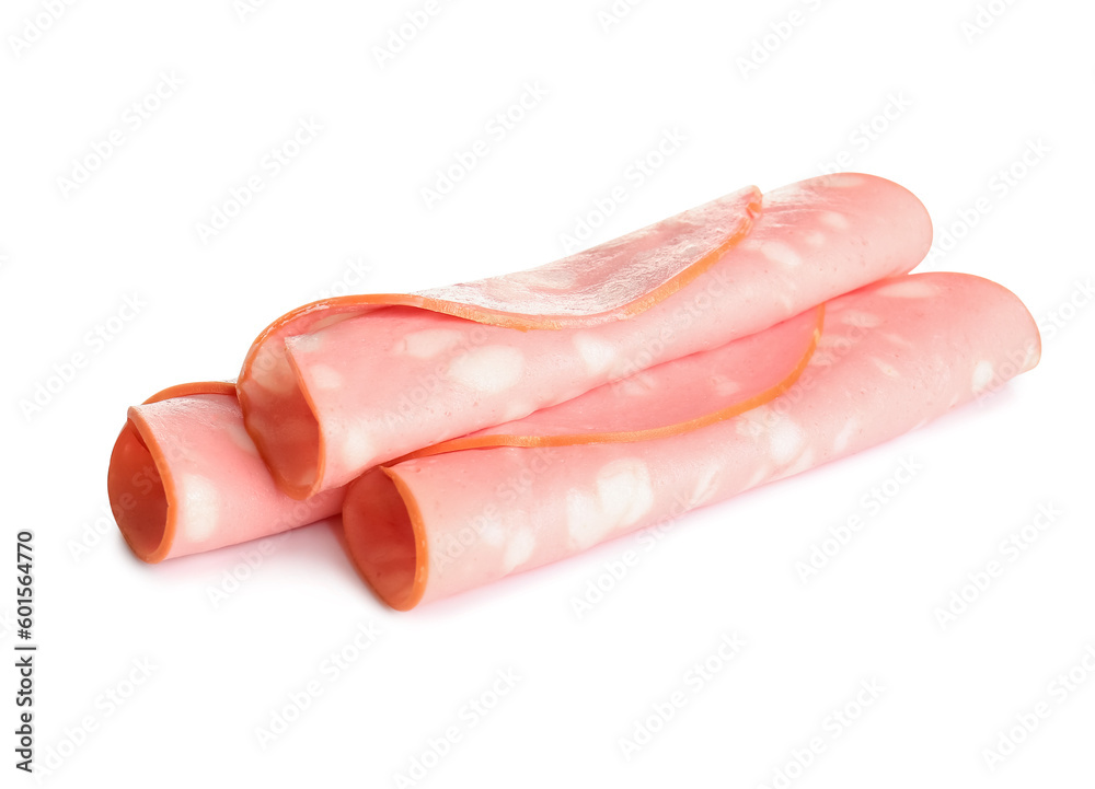 Slices of tasty boiled sausage on white background Slices of tasty boiled sausage on white background