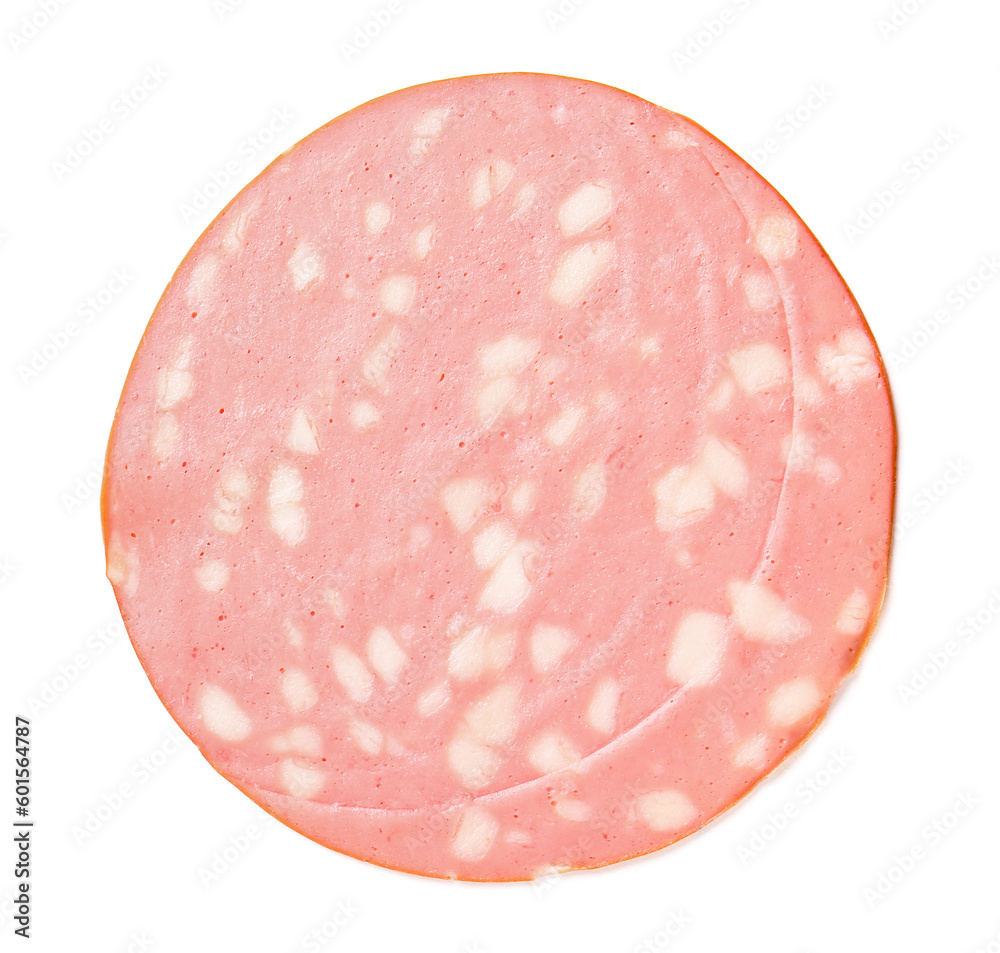 Slice of tasty boiled sausage on white background Slice of tasty boiled sausage on white background
