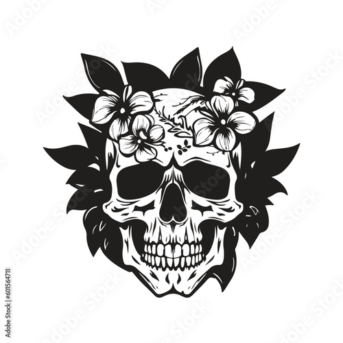 skull head with floral, vintage logo line art concept black and white color, hand drawn illustration