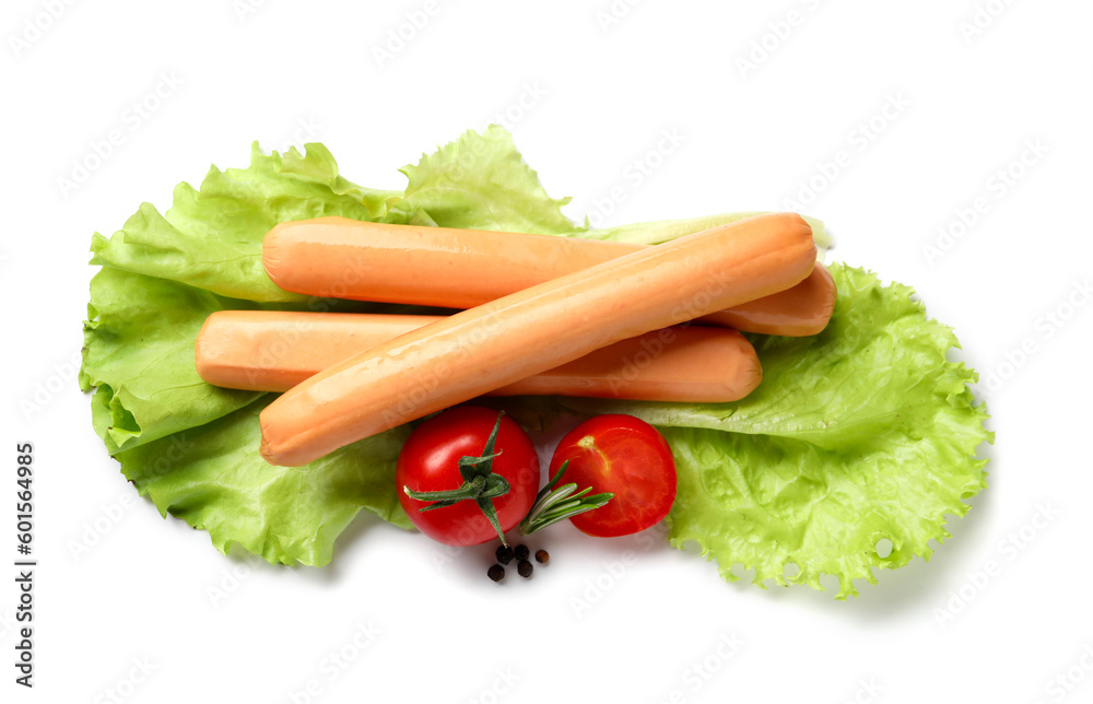 Tasty sausages with lettuce and tomatoes on white background Tasty sausages with lettuce and tomatoes on white background