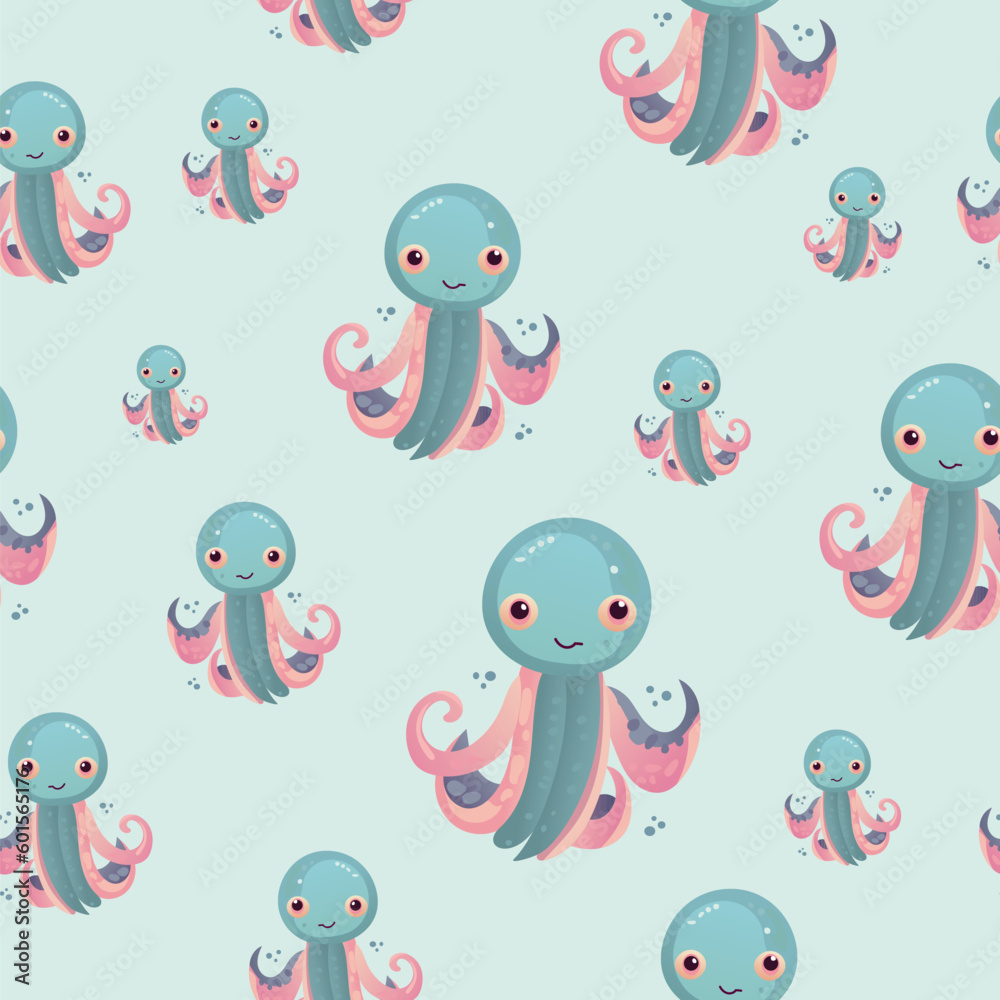 Happy and funny sea cartoon octopus monster swimming and looking on light background. Flat vector illustration for children.Vector illustration for children Happy and funny sea cartoon octopus monster swimming and looking on light background. Flat vector illustration for children.Vector illustration for children