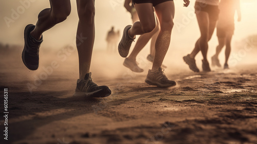 Close up legs runner group running on sunrise seaside trail. Generative AI