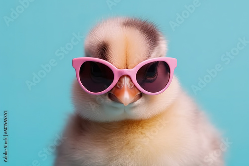 Leinwand Poster Cute spring baby chick wearing cool sunglasses isolated on pink blue background