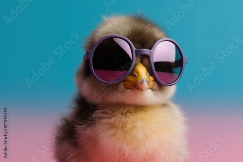 Cute spring baby chick wearing cool sunglasses isolated on pink blue background. Generative AI © zaschnaus