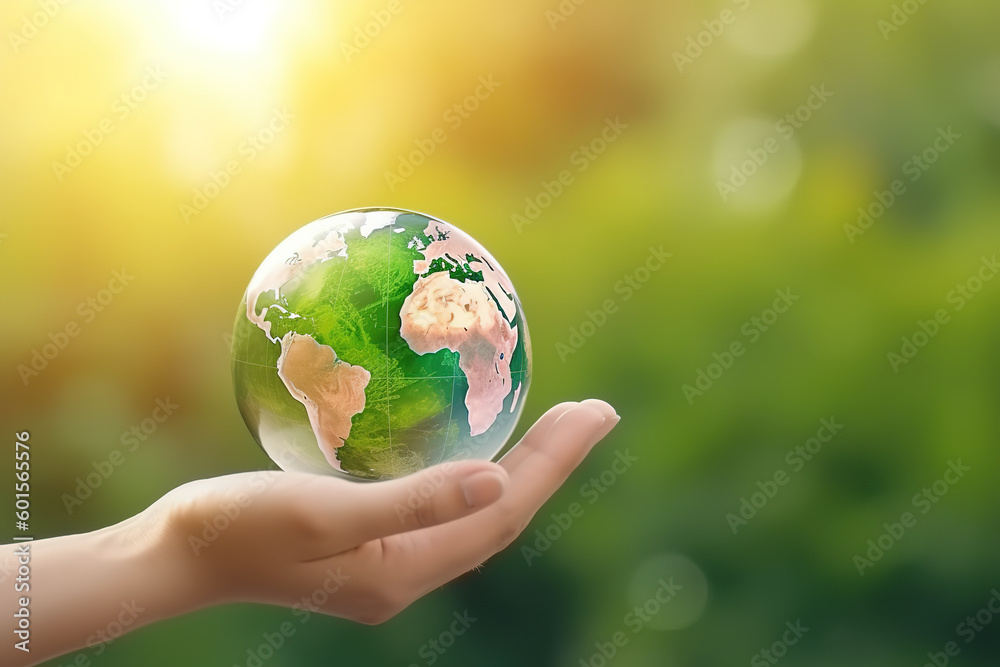 Earth Day concept: hand holding earth on blur green nature background. Generative AI
