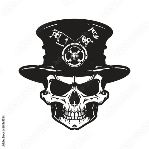 skull wearing steampunk hat, vintage logo line art concept black and white color, hand drawn illustration
