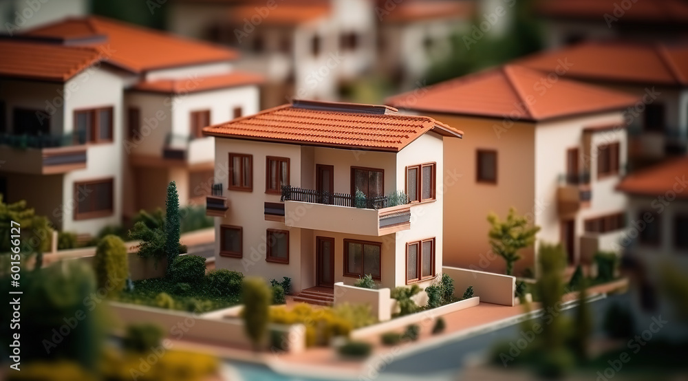 Modern generic contemporary style residential area miniature model with tilt-shift focus technique. Generative AI.