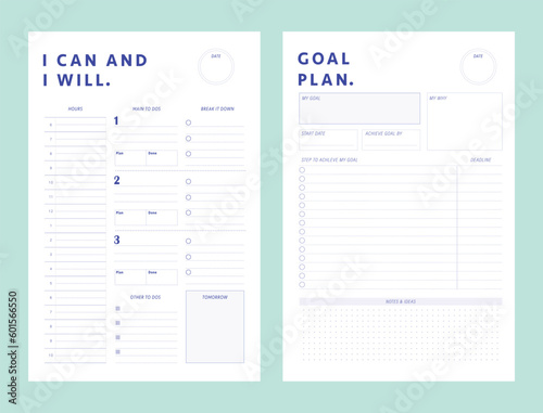 I can and I will goal plan. Minimalist planner template set. Vector illustration.