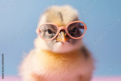 Foto Cute spring baby chick wearing cool sunglasses isolated on pink blue background