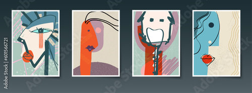 Set of abstract vector, drawing and painting human faces. Illustration minimal doodle portrait. Colorful geometric shapes. Modern contemporary art, graphic design for artwork, poster, cover background
