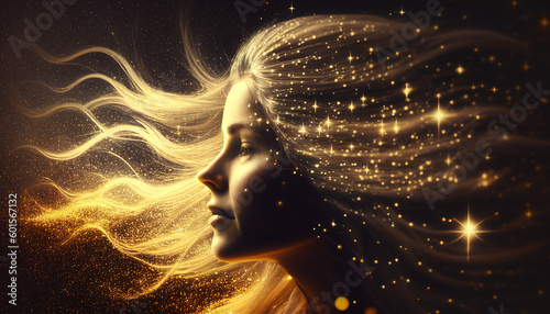 Dreamy young woman with golden sparkles in her healthy hair