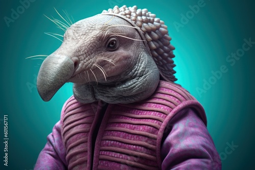 Anthropomorphic Armadillo dressed in human clothing. Humanized animal concept. AI generated, human enhanced