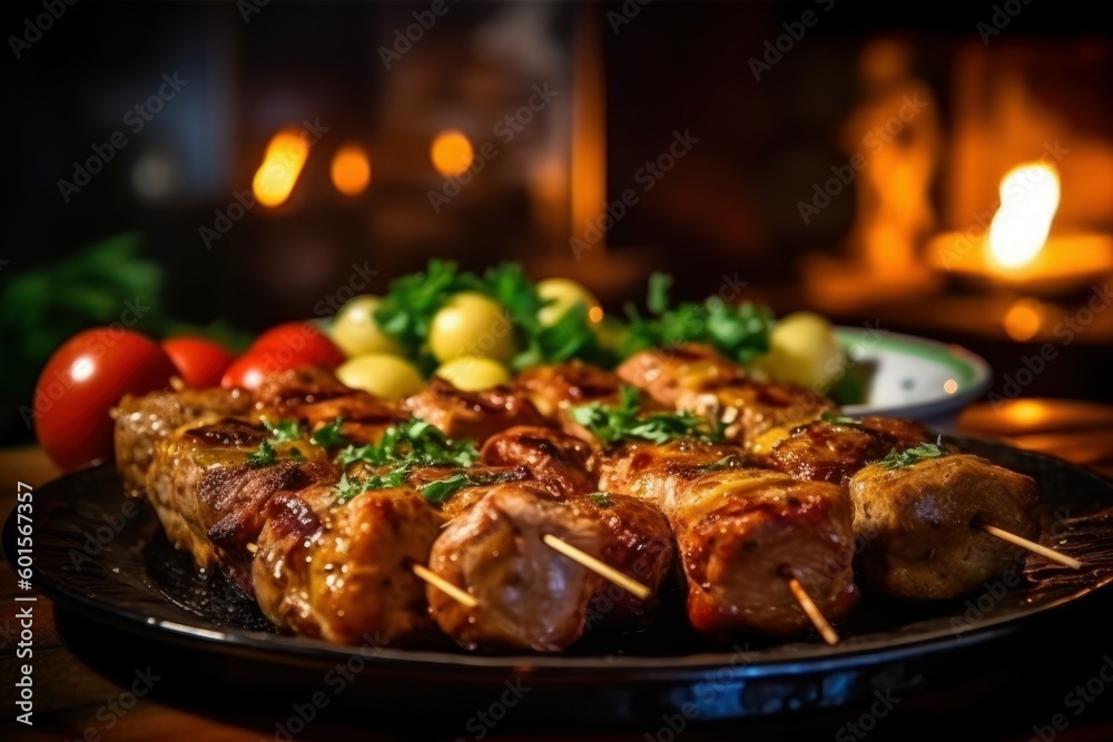 Plate with grilled meat, selective focus. AI generated, human enhanced