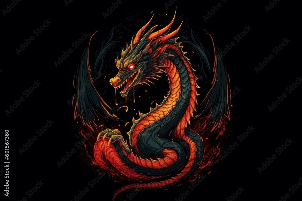 Dragon from fire on black background. Drawing style. Preparation for printing. AI generated, human enhanced Dragon from fire on black background. Drawing style. Preparation for printing. AI generated, human enhanced