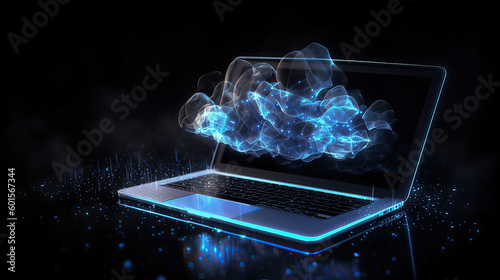 A laptop with an electronic cloud emerging from the screen suggesting the internet cloud. 