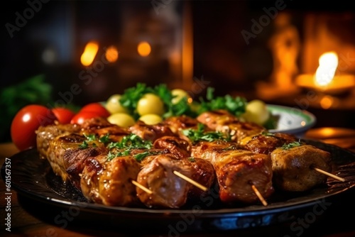 Plate with grilled meat, selective focus. AI generated, human enhanced