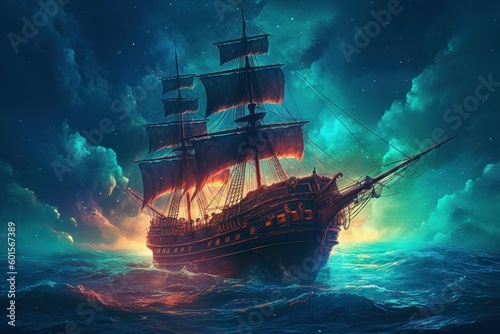 Pirate ship. Backdrop or background with copy space. AI generated, human enhanced.
