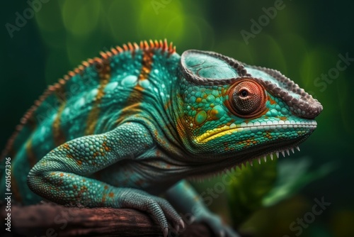 Beautiful green chameleon lizard family. A symbol of adaptation to change. AI generated  human enhanced