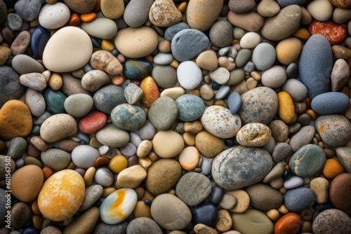 Abstract background with dry multicolored stones or pebbles, selective focus. AI generated, human enhanced.