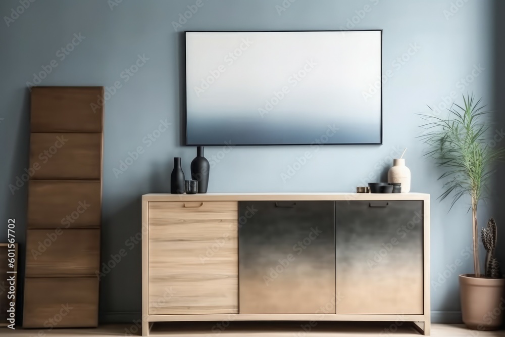 Mockup of a modern minimalist interior. Greyish blue. AI generated, human enhanced