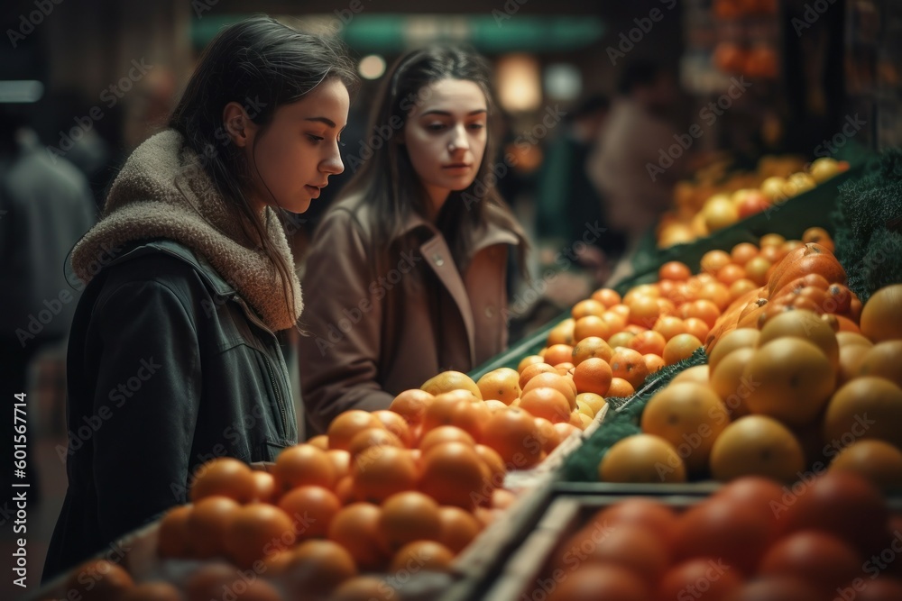 Woman shopping fruits and vegetables in a grocery supermarket store. AI generated, human enhanced