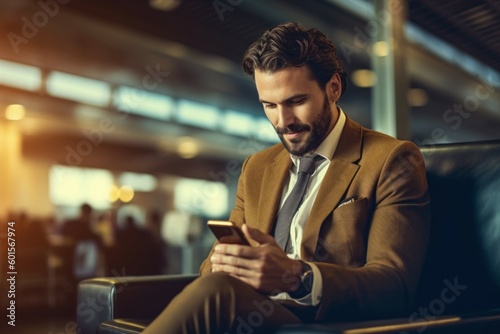Male businessman with smartphone in airport lounge. AI generated, human enhanced. photo