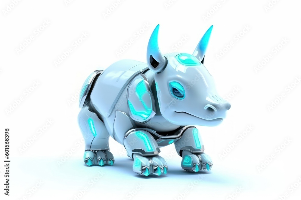 Fototapeta premium Rhino White Background Cyber Robot Toy And Copy Space Generative AI