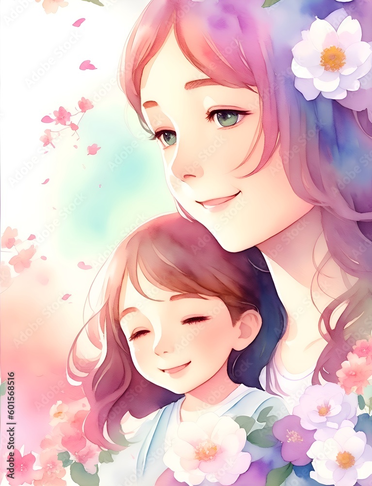 Mother's day Illustration of mother with her little child, flower in the background. Concept of mothers day, mothers love, relationships between mother and child. Created with Generative AI
